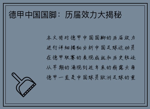 德甲中国国脚：历届效力大揭秘