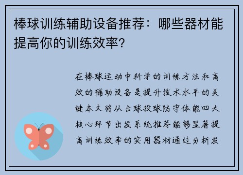 棒球训练辅助设备推荐：哪些器材能提高你的训练效率？